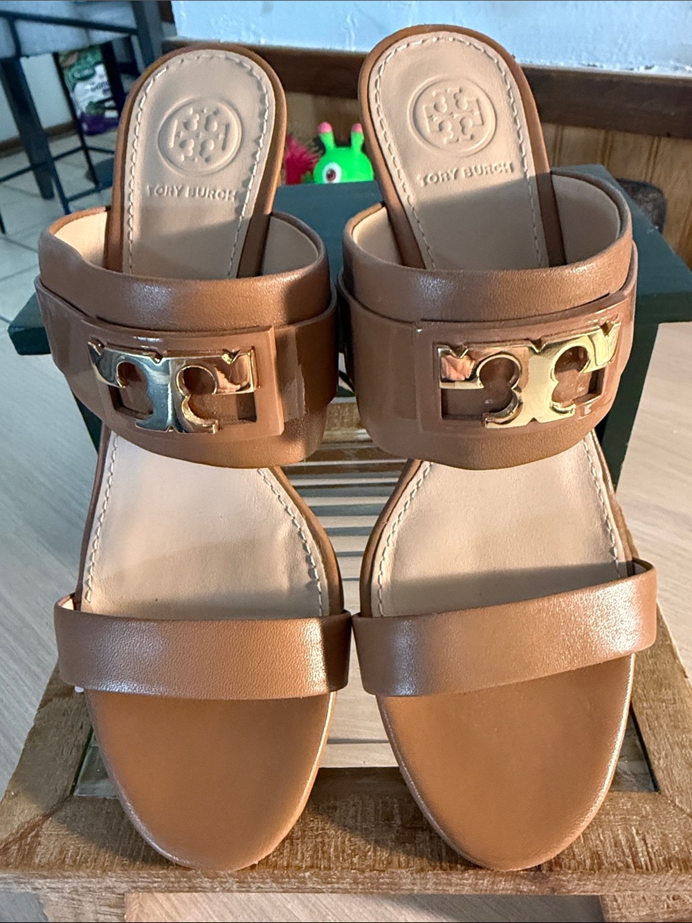 Tory Burch Tan Leather Slide Mules with Gold Logo